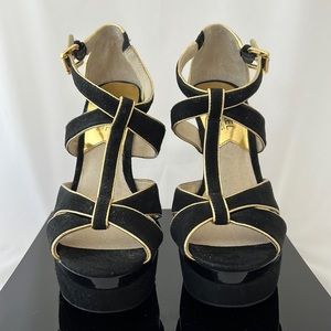 Michael Kors Black Suede Leather Platform Strappy High Heeels Sandals. Size 6.